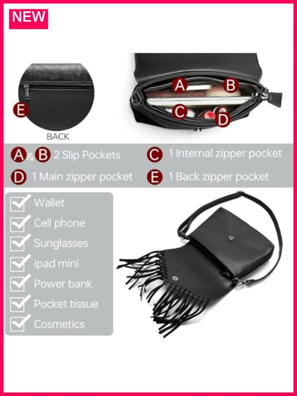Faux Leather Western Fringe Crossbody Bag with Adjustable Strap